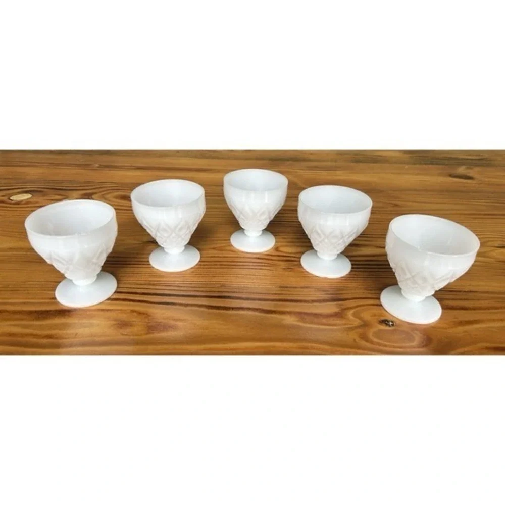 5-PC‎ Milk Glass Footed Drinking Goblet Cups Diamond Geometric 3D Design